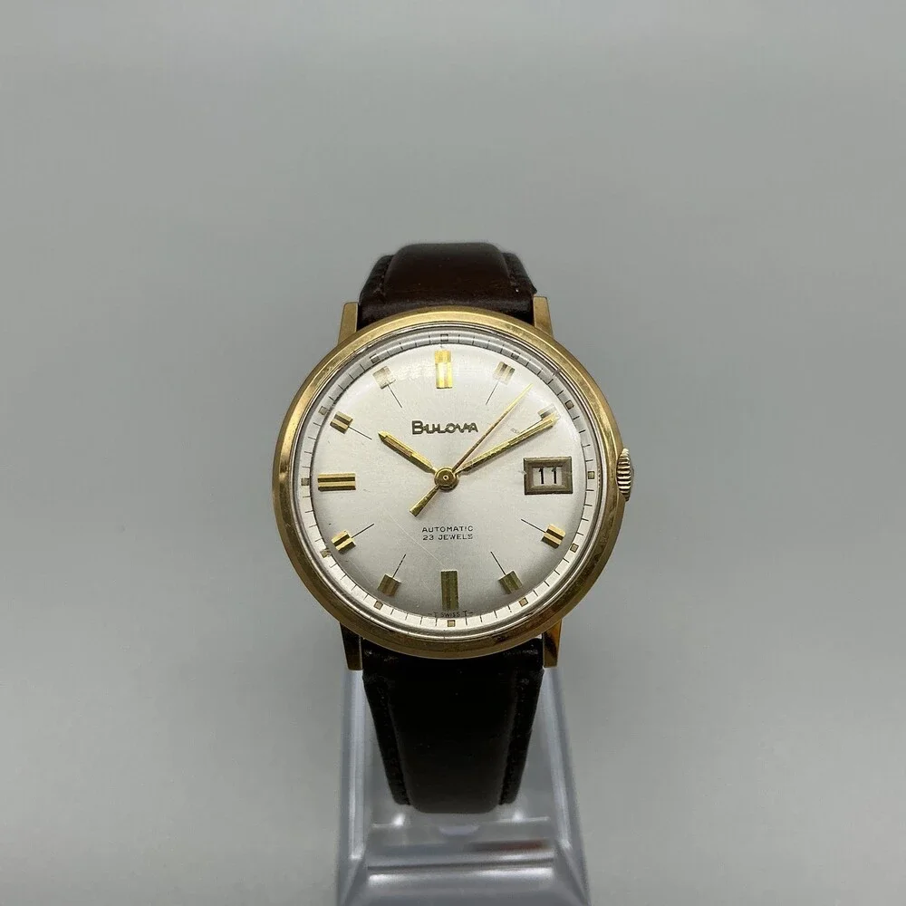Vintage Bulova Automatic 23 Jewels Mens Watch 34mm Gold Plated Date King Leather